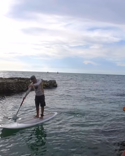 Remador saliendo en paddle board junto a un muelle de madera y una costa de piedra coralina